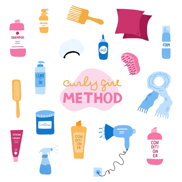 Gran conjunto con productos cosméticos para Curly Girl Method Accesorios y botellas para limpieza acondicionado peinado cabello rizado Cosméticos para cabello ondulado rizado saludable Lindo clipart Vector dibujado a mano