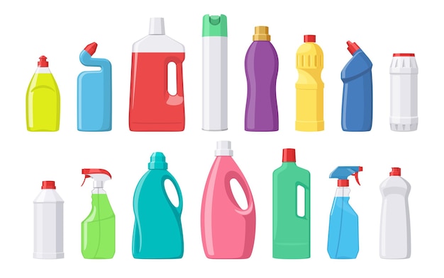 Vector gran conjunto de productos químicos domésticos botellas pulverizadores y otras ilustraciones vectoriales