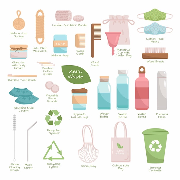 Gran conjunto de productos reciclables y reutilizables Zero Waste. Vaya verde, estilo ecológico, sin plástico, guarde los objetos del planeta para el hogar, las compras y los cosméticos. Colección duradera con títulos