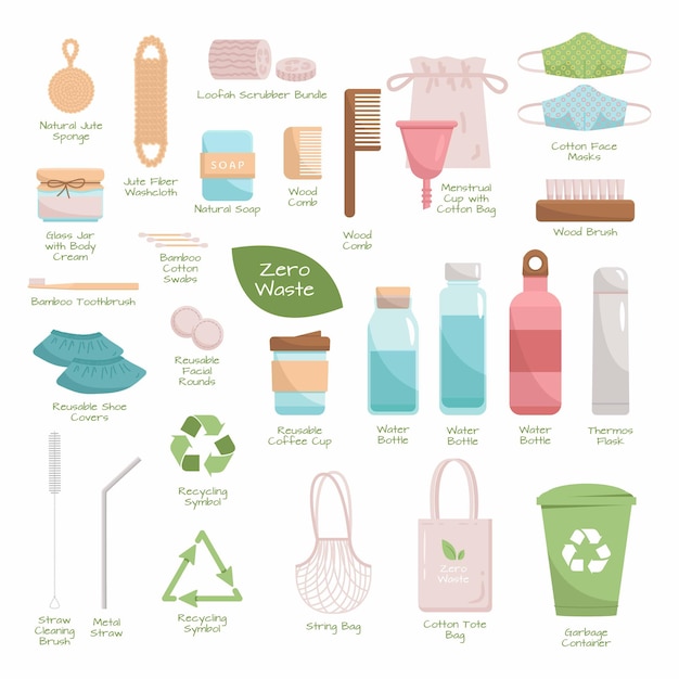 Vector gran conjunto de productos reciclables y reutilizables zero waste. vaya verde, estilo ecológico, sin plástico, guarde los objetos del planeta para el hogar, las compras y los cosméticos. colección duradera con títulos