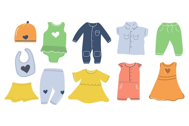 Gran conjunto de ropa de bebé dibujada a mano Diseño de guardería Plano