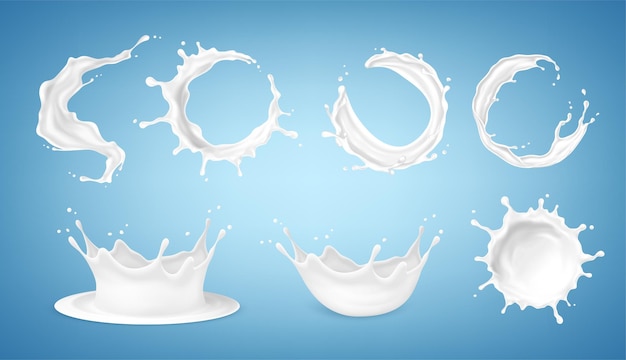 Gran conjunto de salpicaduras de leche aisladas sobre fondo azul ilustración vectorial