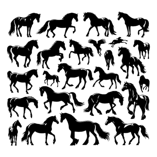Un gran conjunto de siluetas de caballos ilustración vectorial