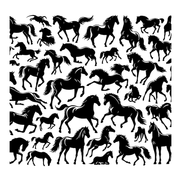 Un gran conjunto de siluetas de caballos ilustración vectorial