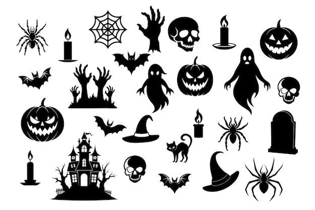 Un gran conjunto de siluetas de Halloween un fondo blanco vector