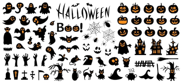 Un gran conjunto de siluetas de Halloween en una ilustración vectorial de fondo blanco
