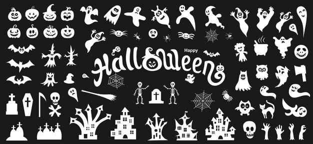 Gran conjunto de siluetas de Halloween sobre un fondo negro Ilustración vectorial