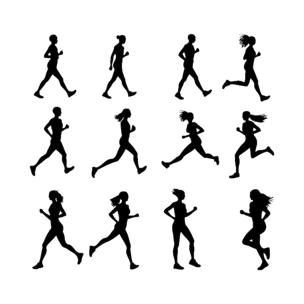 Gran conjunto de siluetas negras de corredores vector
