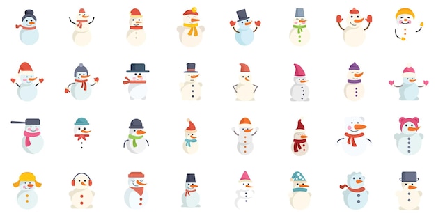 Un gran conjunto de simpáticos personajes de muñecos de nieve con sombreros y bufandas disfrutando de las vacaciones de invierno