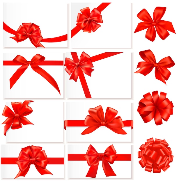 Gran conjunto de tarjetas con arcos de regalo rojo con cintas Vector