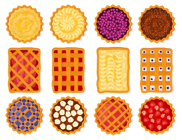 Gran conjunto de tartas de frambuesa y calabaza con arándanos y chocolate vista superior