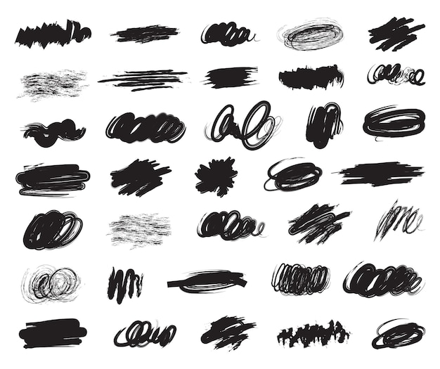 Gran conjunto de trazos de pincel de tinta dibujados a mano Manchas de garabatos para su diseño Textura de tiza de carbón Ilustración vectorial abstracta Aislada sobre fondo blanco
