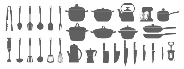 Gran conjunto de utensilios de cocina y herramientas de cocina silueta ollas sartenes cuchara tetera cafetera mezcladora