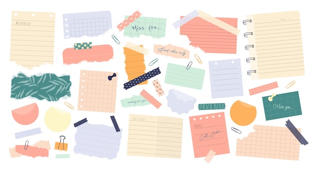 Un gran conjunto de varias notas de papel rasgadas pegatinas para hacer lista de ducto de cuaderno y cintas washi