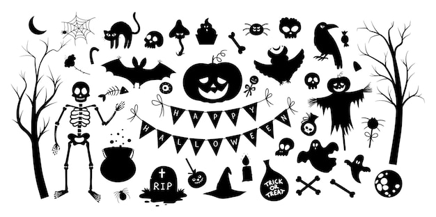 Vector gran conjunto, de, vector, halloween, silueta, elementos, tradicional, samhain, fiesta, blanco y negro clipart