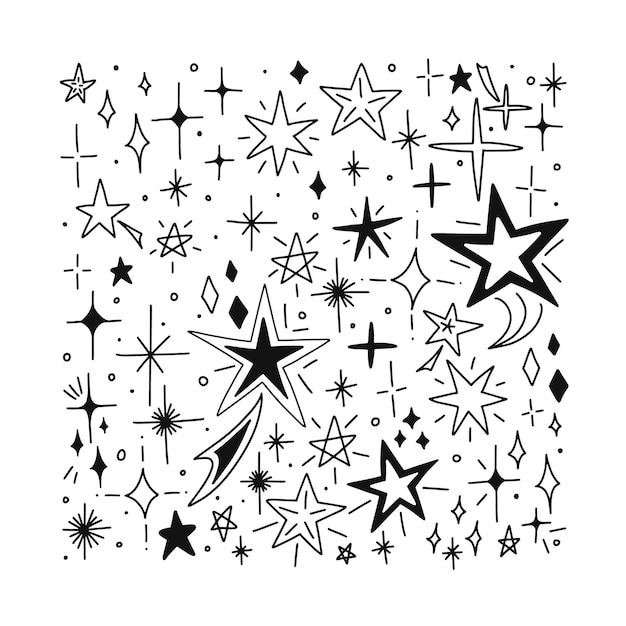 Gran conjunto de vectores de estrellas de doodle dibujadas a mano negras aisladas sobre fondo blanco