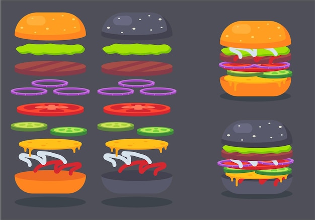 Vector gran conjunto de vectores de ingredientes para hamburguesas de creación