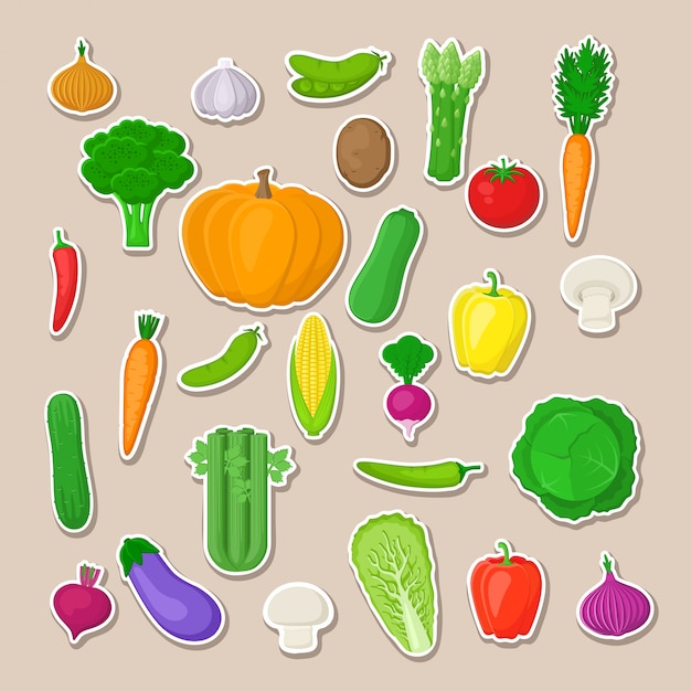 Gran conjunto de vegetales coloridos. pegatinas aisladas de verduras. verduras orgánicas frescas naturales.