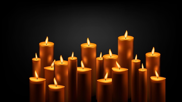 Gran conjunto de velas de cera encendidas en el centro con un punto de luz sobre fondo negro con espacio de copia Símbolo de dolor y memoria por los muertos Vector horizontal