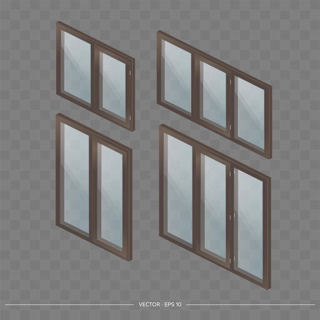 Un gran conjunto de ventanas de metal-plástico con cristales transparentes en 3d. ventana moderna en un estilo realista. isometría, ilustración vectorial.