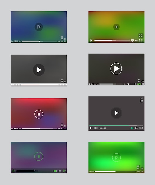 Gran conjunto de ventanas del reproductor de video con menú y panel de botones en la colección de interfaz de usuario vectorial