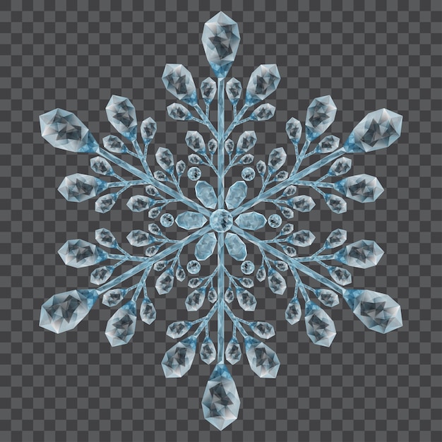 gran copo de nieve de cristal translúcido en colores azul claro sobre fondo transparente