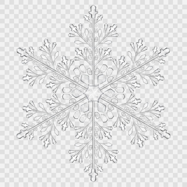 Gran copo de nieve de cristal translúcido en colores gris sobre fondo transparente. Transparencia solo en archivo vectorial