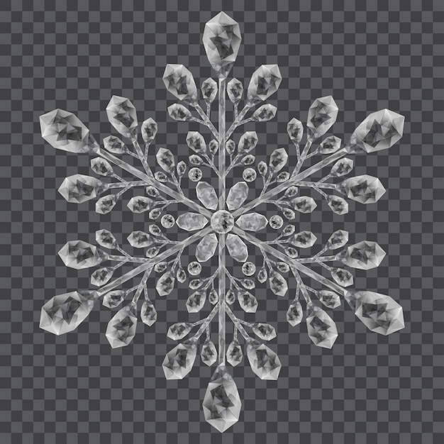 Gran copo de nieve de cristal translúcido en colores gris sobre fondo transparente. Transparencia solo en archivo vectorial