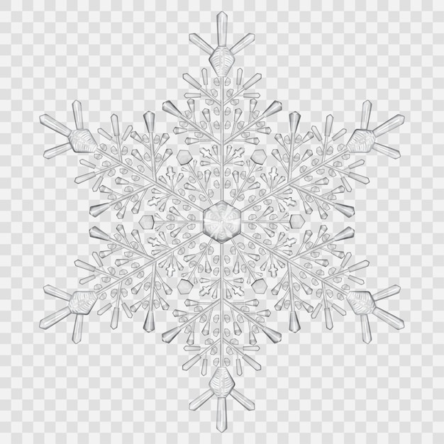 Gran copo de nieve de cristal translúcido en colores gris sobre fondo transparente
