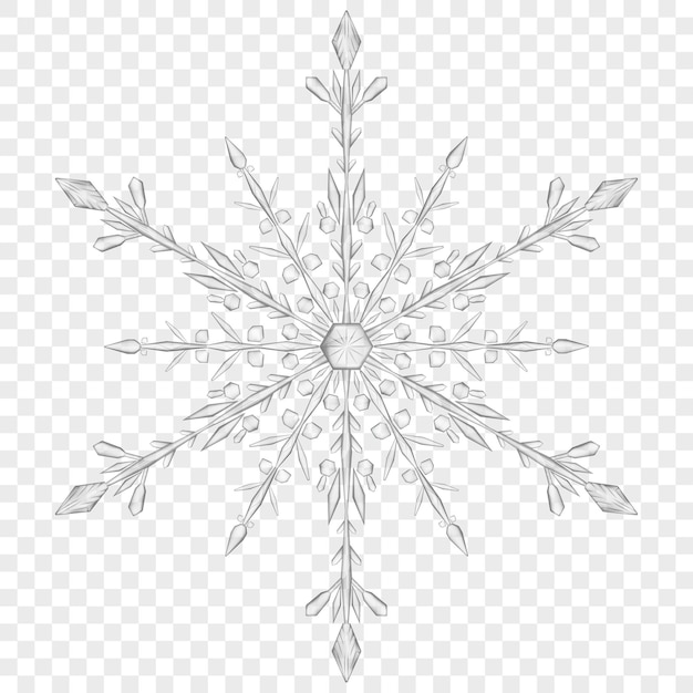 Gran copo de nieve de Navidad translúcido en colores grises sobre fondo transparente
