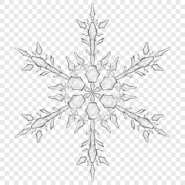 Gran copo de nieve de Navidad translúcido en colores grises sobre fondo transparente