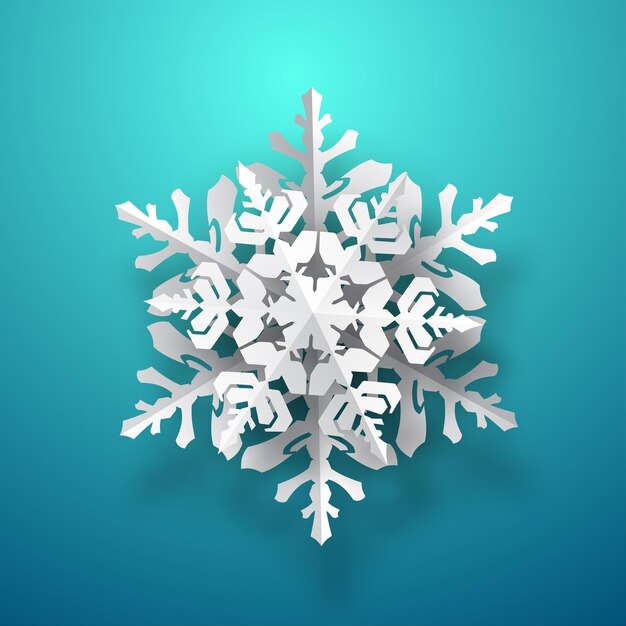 Un gran copo de nieve de papel navideño con una suave sombra blanca sobre fondo azul claro