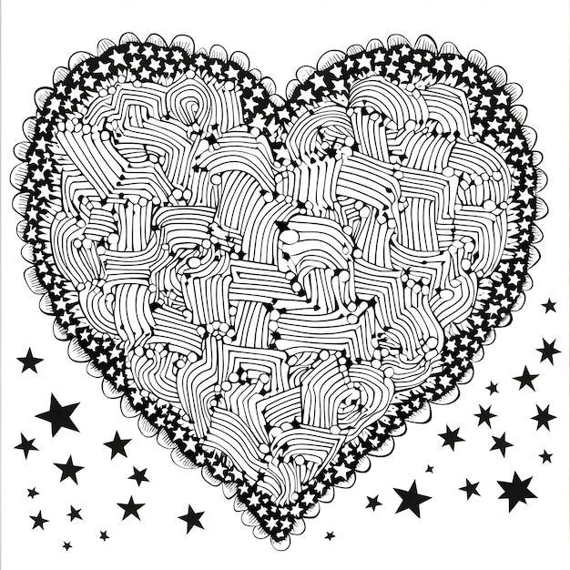 Gran corazón blanco y negro abstracto con estrellas