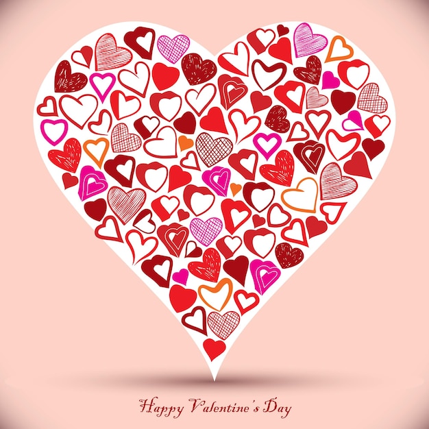 Gran corazón hecho con muchos corazones pequeños diferentes, San Valentín, tarjeta, ilustración vectorial.