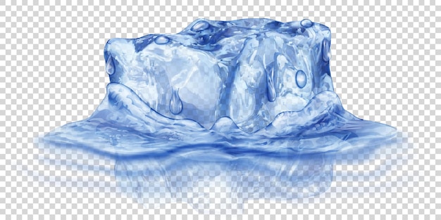 Un gran cubo de hielo translúcido realista en color azul medio sumergido en agua. Aislado sobre fondo transparente. Transparencia solo en formato vectorial