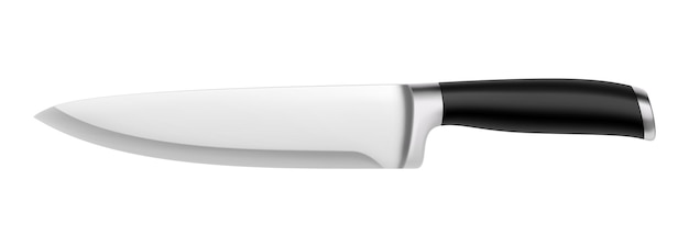 Un gran cuchillo de chef con mango negro aislado en un fondo blanco Cuchillo con acero una hoja ancha y afilada Vista superior Utensilios de cocina Ilustración vectorial 3D realista Mock up