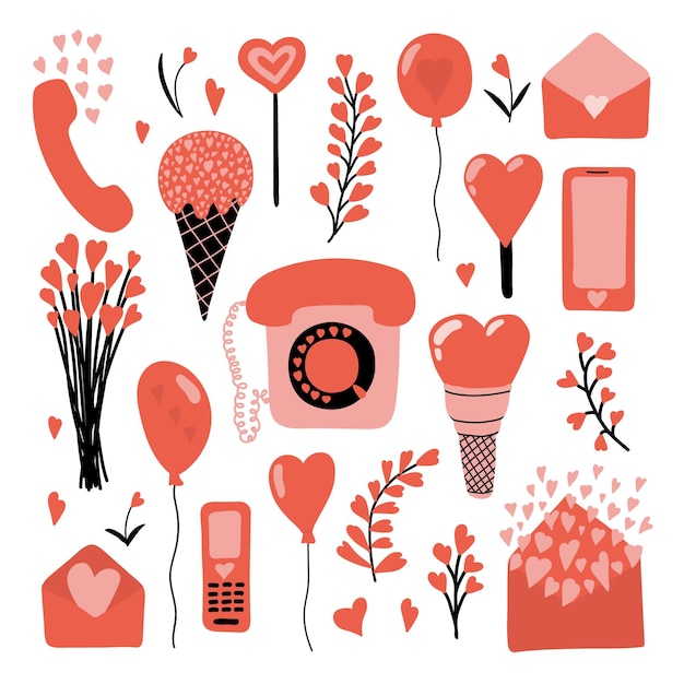 Gran día de San Valentín en colores rojos Juego de amor vectorial de dibujos animados Retro teléfono waffle helado corazones ramo de flores lollypop sobres teléfonos móviles Papel de regalo pegatinas de decoración de boda