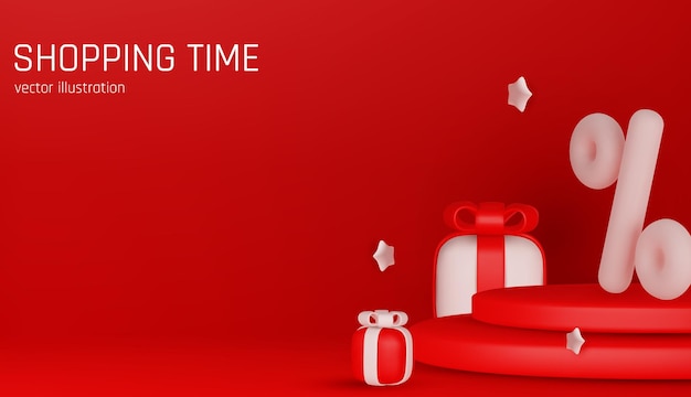 Gran diseño de banner de descuento con caja de regalo 3D bolsa de compras signo de porcentaje y canasta de alimentos