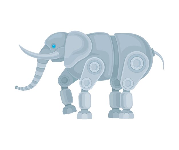 Gran elefante robot de metal gris con trompa y colmillos vista lateral ilustración vectorial sobre un fondo blanco