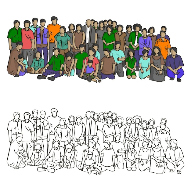 gran familia asiática ilustración vectorial boceto garabatos dibujado a mano con líneas negras aisladas