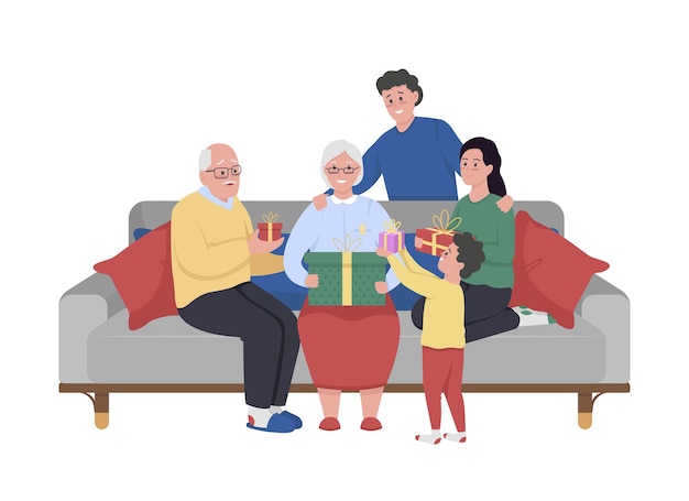 Gran familia celebrando el cumpleaños de la abuela personajes de vector de color semi plano