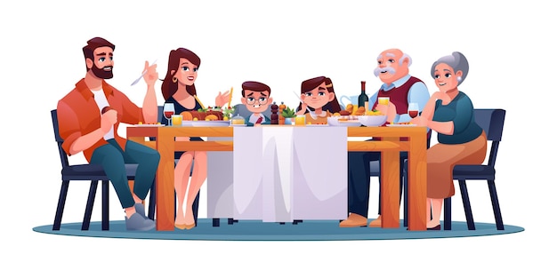 Vector gran familia disfruta de comida y bebida en la cena navideña.