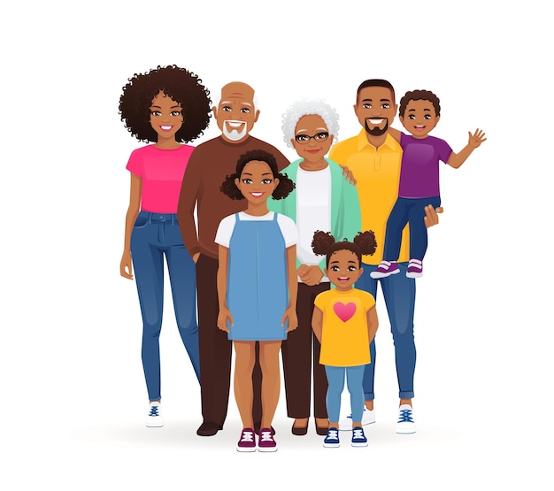 Gran familia feliz afroamericana con abuelos e hijos ilustración vectorial madre aislada