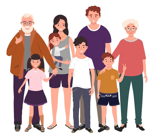 Gran familia feliz junta. Padre, madre, abuelo, abuela e hijos. ilustración
