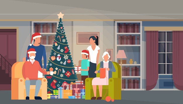 Gran familia navidad verde arbol