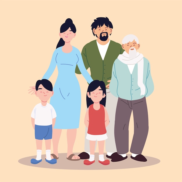 Gran familia, padres, abuelos y niños, diseño de ilustraciones.