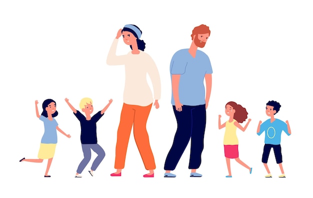 Gran familia. Padres cansados, niños felices y emocionados. Soporte de madre y padre con adolescentes. Vector de crianza de los hijos, ilustración de niños pequeños de gran grupo. Padre y madre con niños niño y niña.