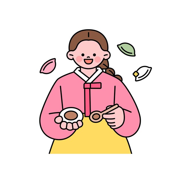 Una gran fiesta en Corea Una niña con un traje tradicional coreano está preparando comida tradicional para la fiesta.