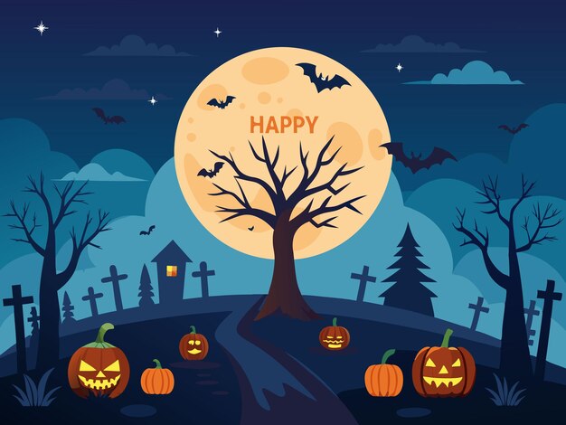 Un gran fondo de Halloween con calabazas y elementos de diseño de luna llena
