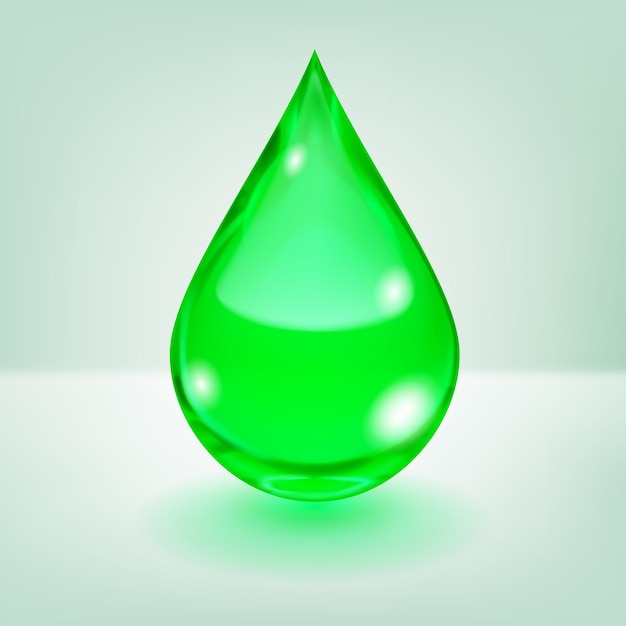 Vector una gran gota de agua realista en color verde con reflejos y sombras